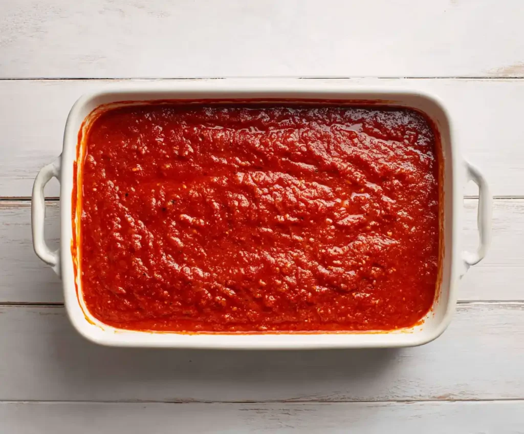 Baking dish coated with marinara sauce for stuffed shells base