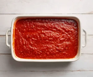 Baking dish coated with marinara sauce for stuffed shells base