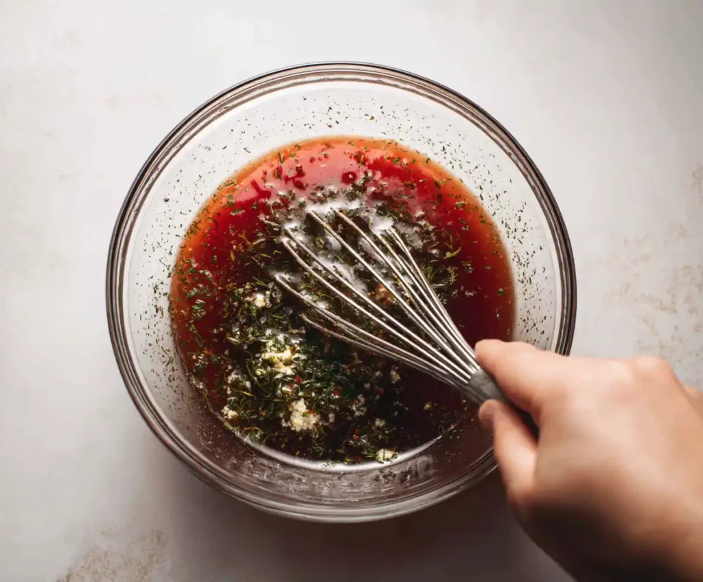 Beef broth mixture with tomato paste and herbs for pot roast