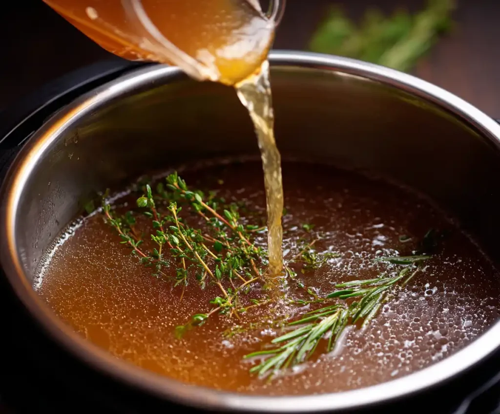 Beef broth with herbs added to pressure cooker for pot roast base