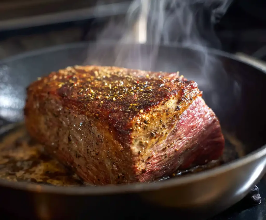 Beef chuck roast searing in skillet for slow cooker pot roast