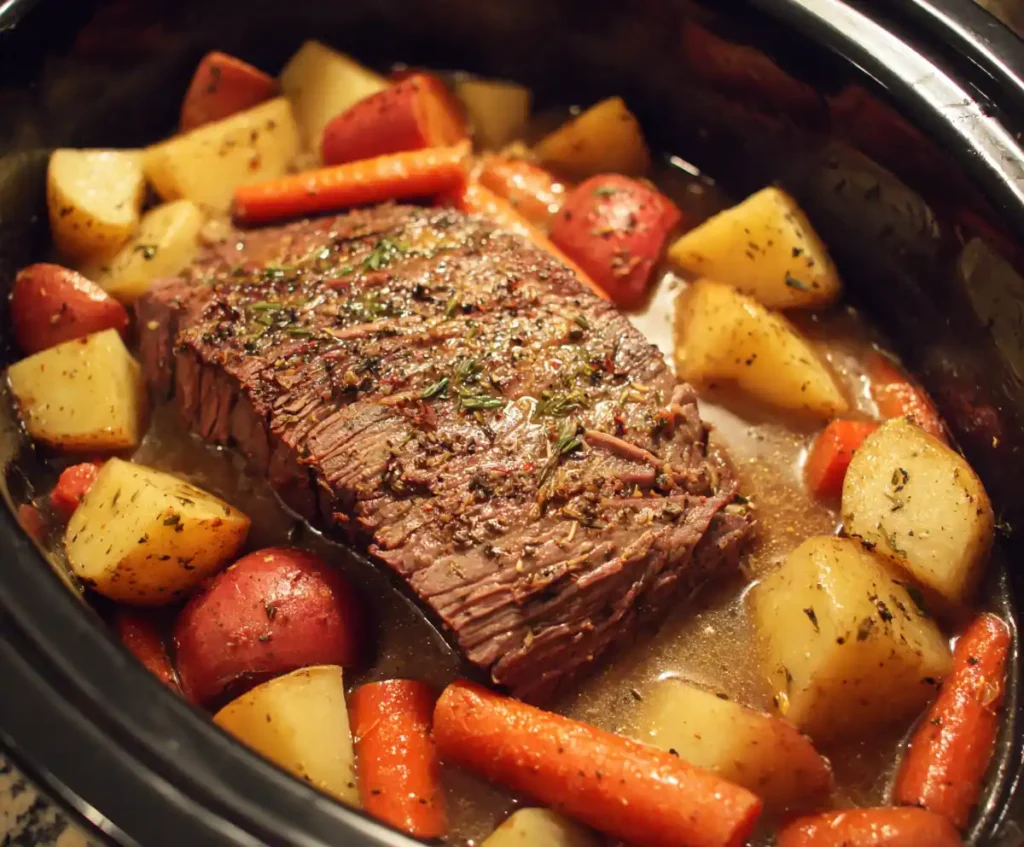 Beef roast in slow cooker with broth and vegetables