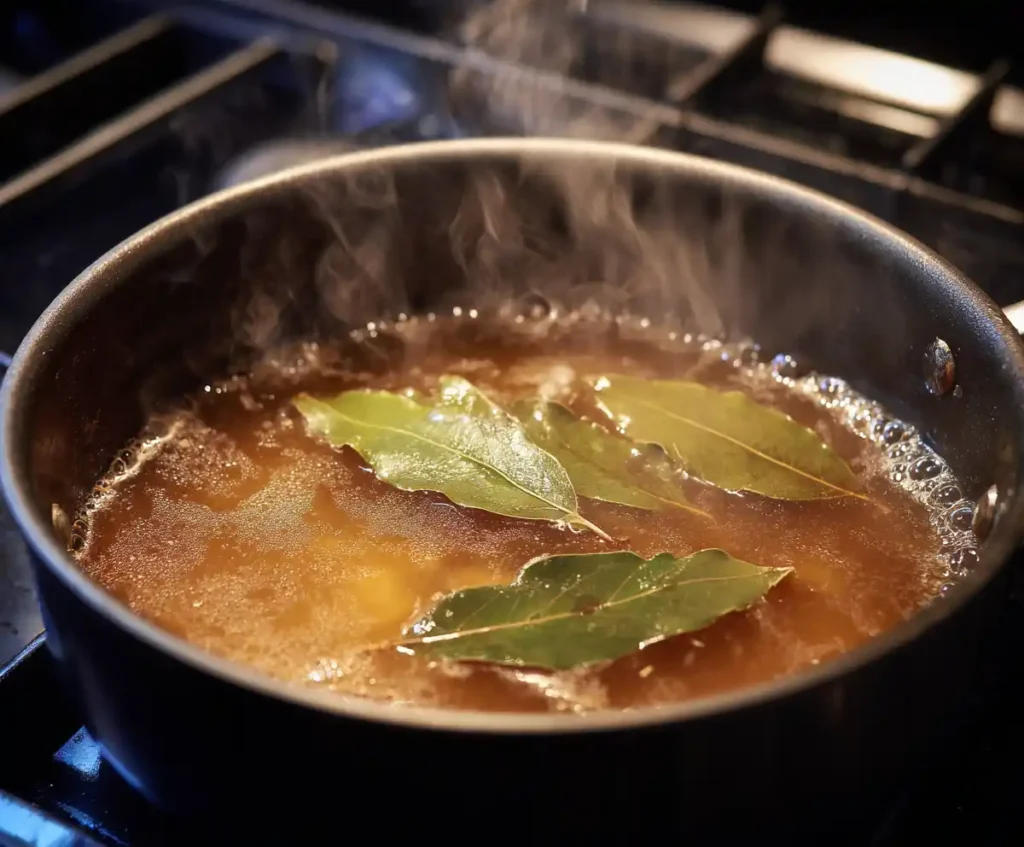 Bolognese sauce simmering with herbs and bay leaf