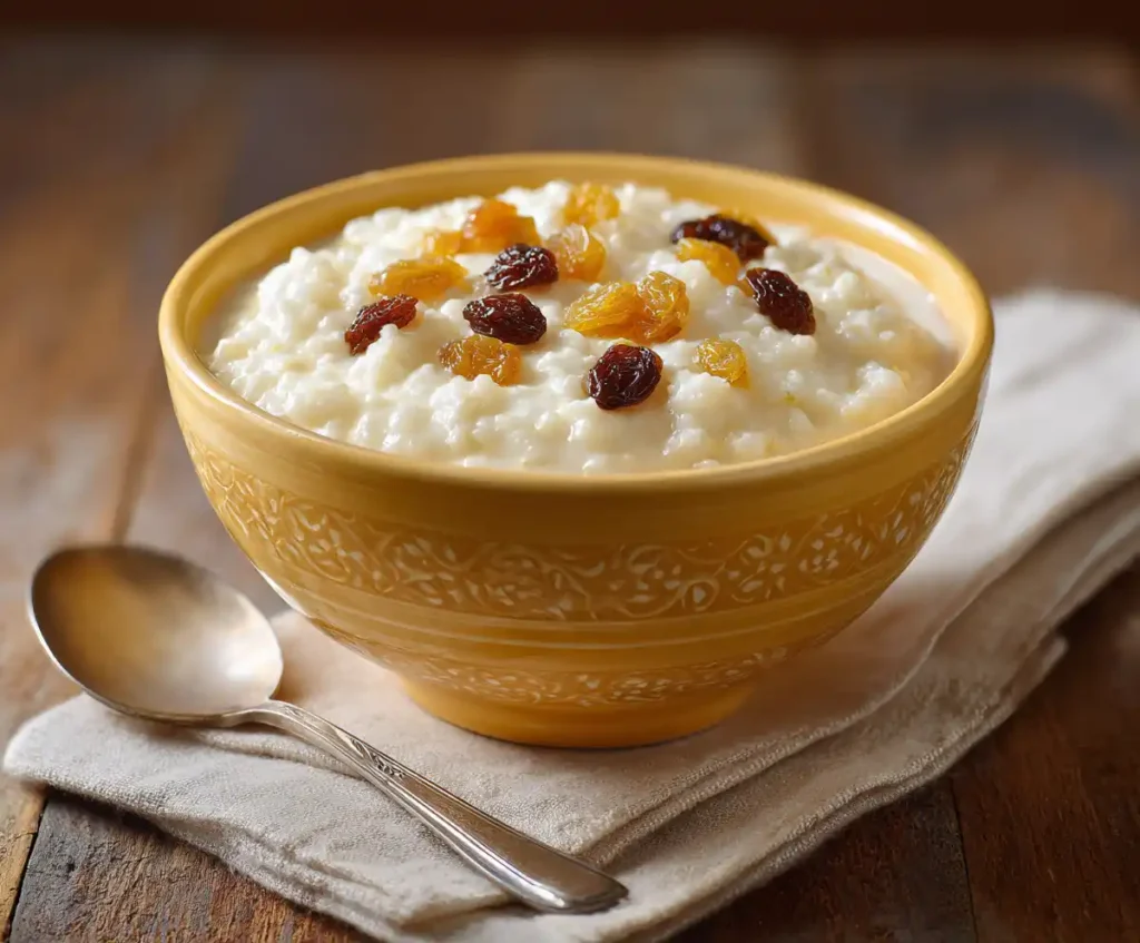 Bowl of creamy rice pudding with raisins served warm
