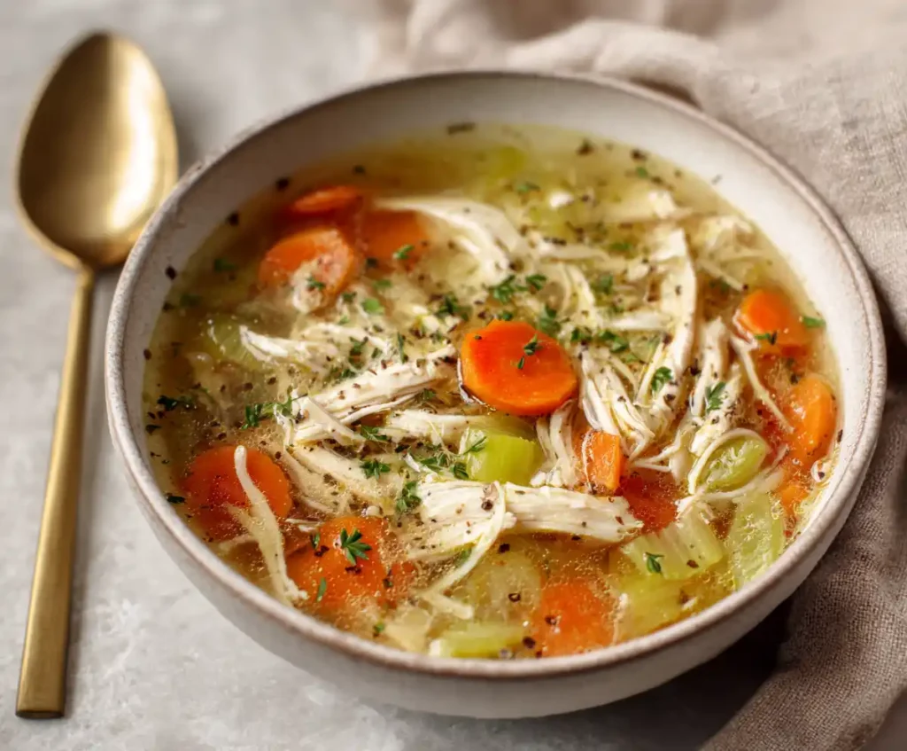 Bowl of homemade cooker chicken soup with vegetables