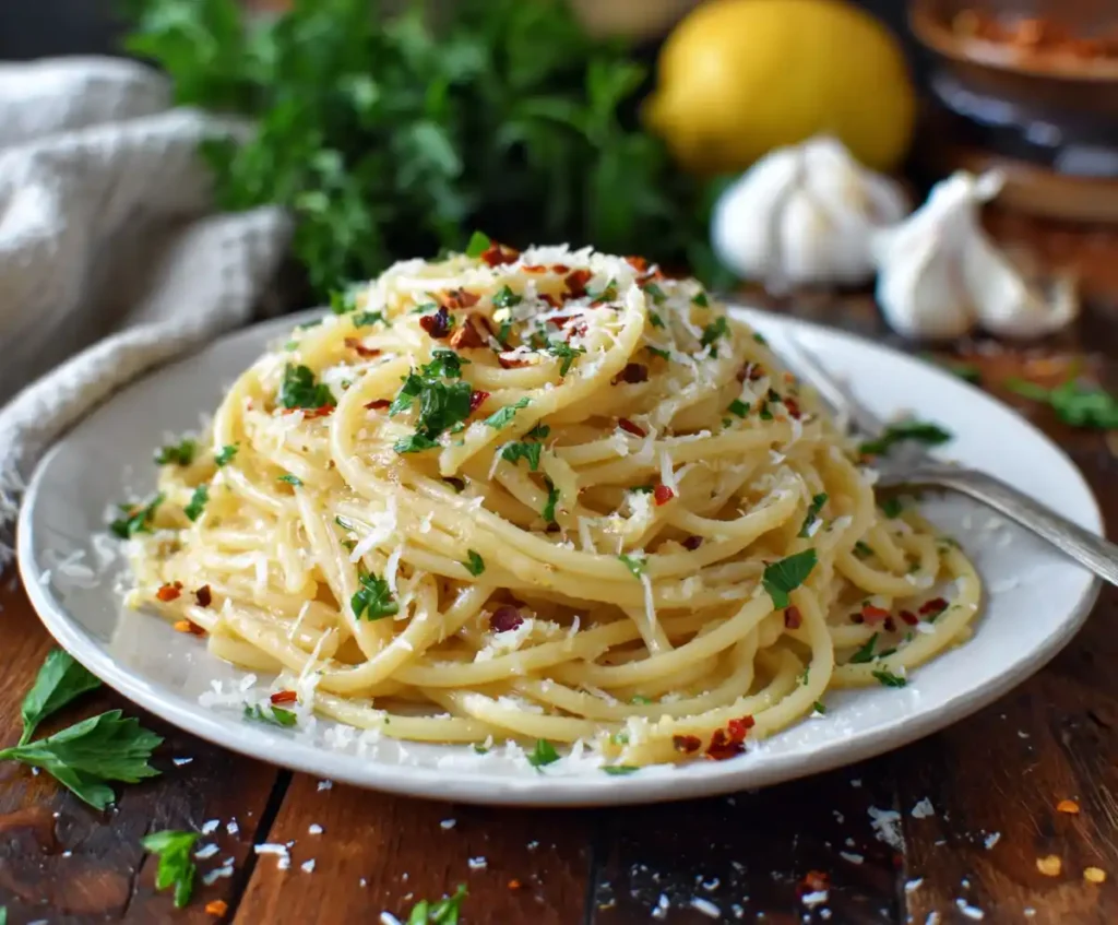 Bowl of lemon garlic pasta with Parmesan and parsley garnish