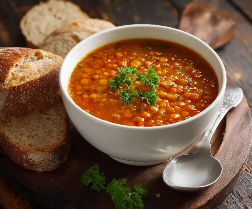 Bowl of pressure cooker lentil soup with parsley and bread slices