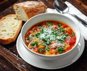 Bowl of slow cooker minestrone soup with beans, pasta, and veggies garnished with Parmesan