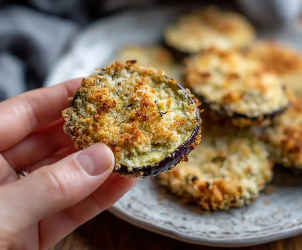 Breaded eggplant slice coated with crispy panko for parmesan recipe
