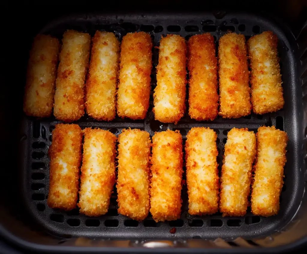 Breaded mozzarella sticks placed in air fryer basket