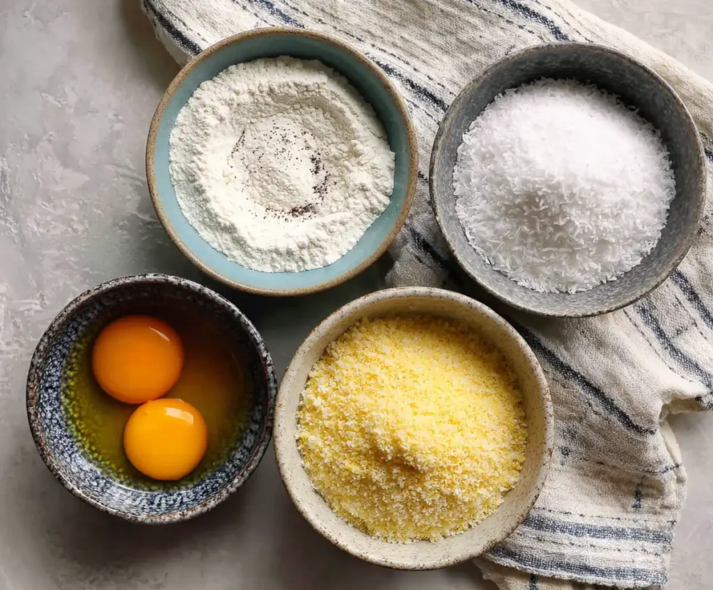 Breading station with flour, eggs, coconut, and panko for air fryer coconut shrimp