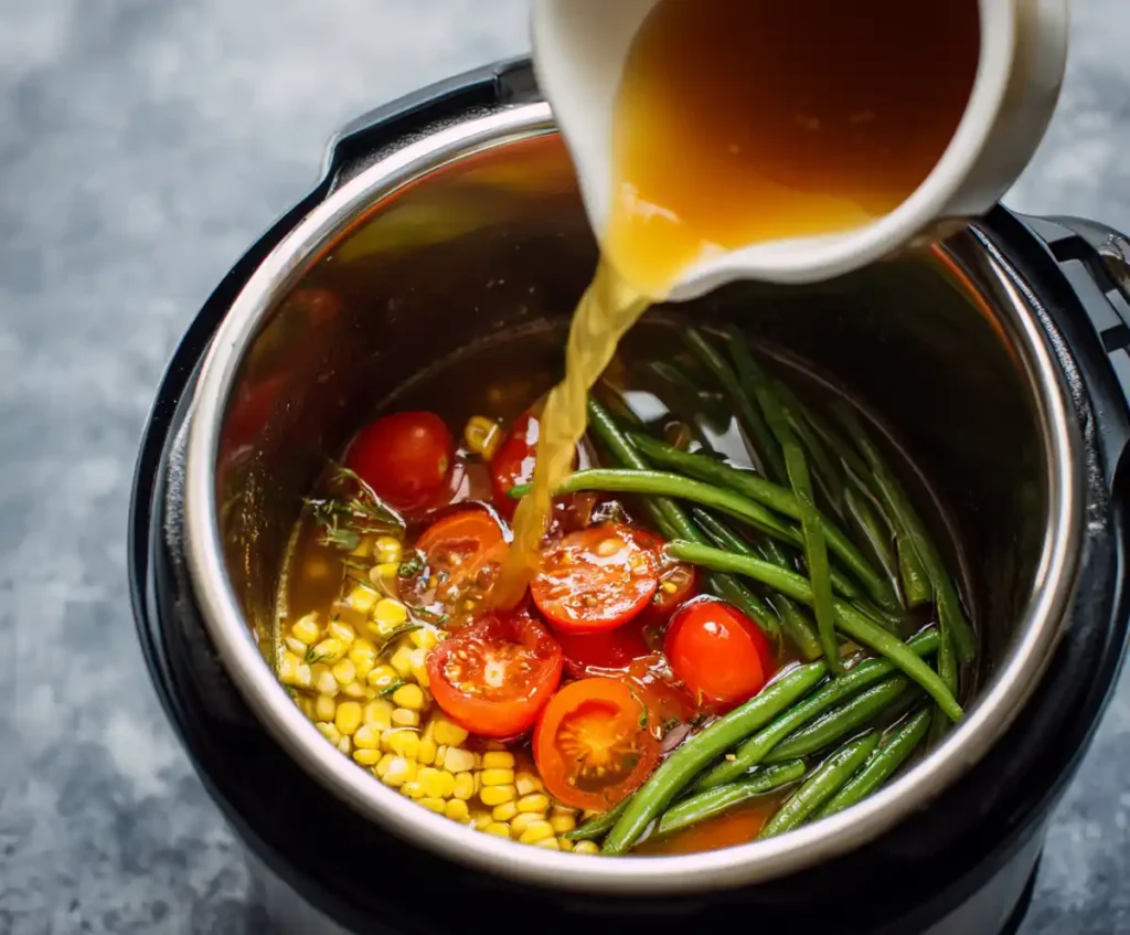 Broth and vegetables added to Instant Pot for vegetable soup