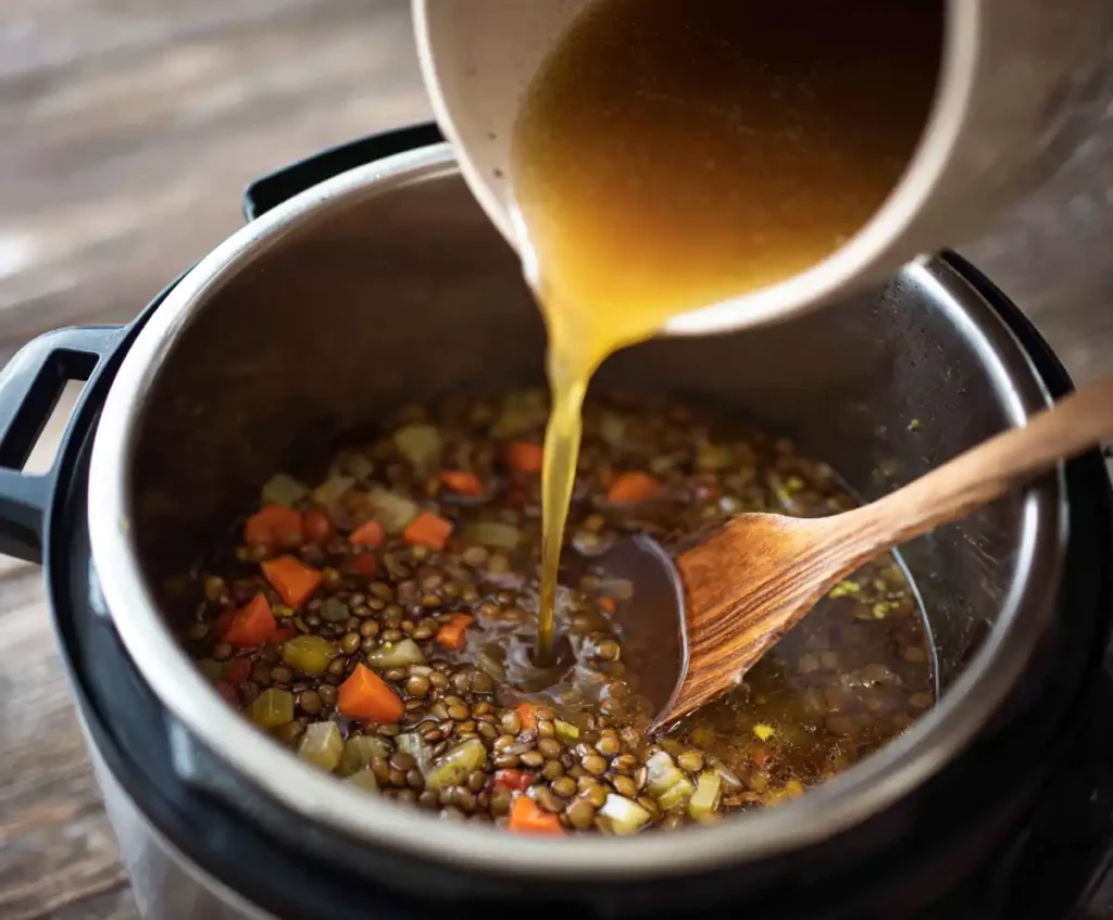 Broth being poured over lentils and vegetables in pressure cooker