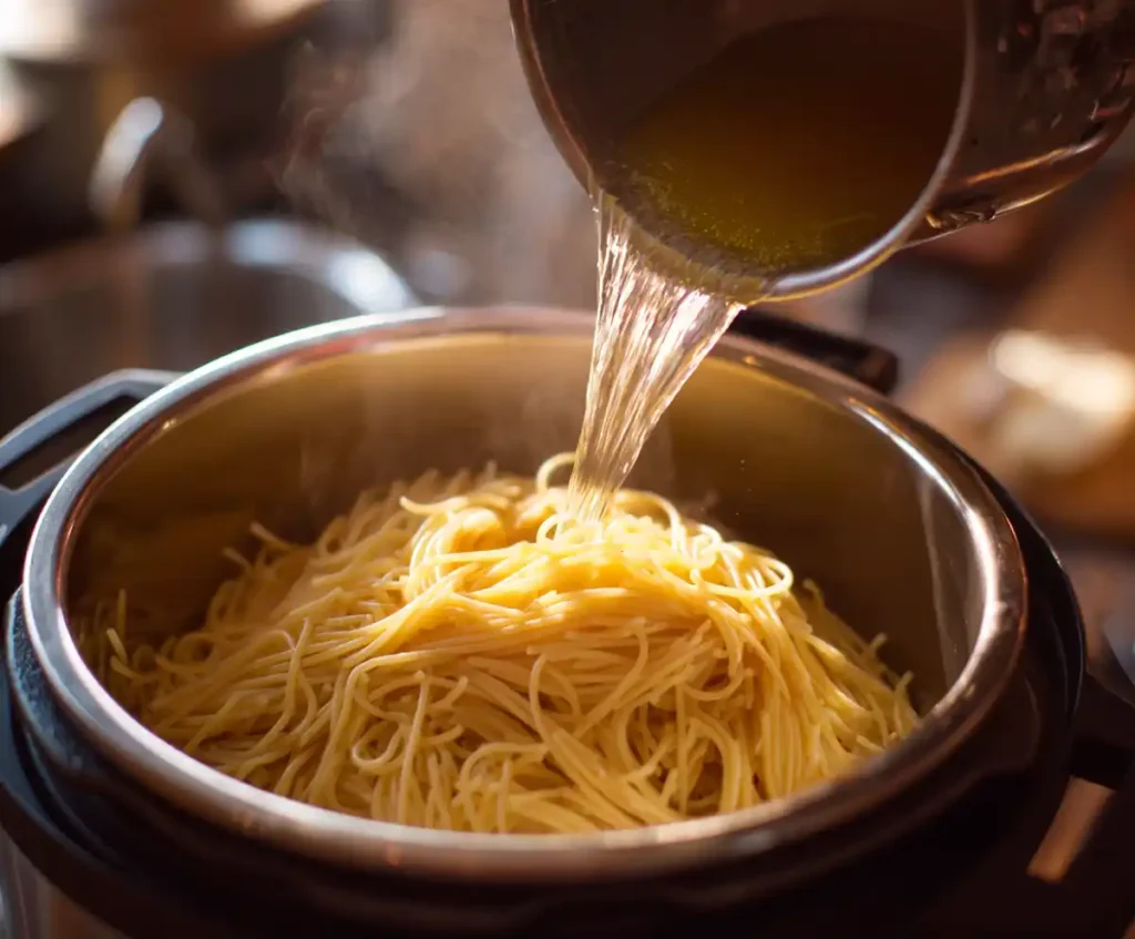 Broth being poured over spaghetti in Instant Pot before pressure cooking