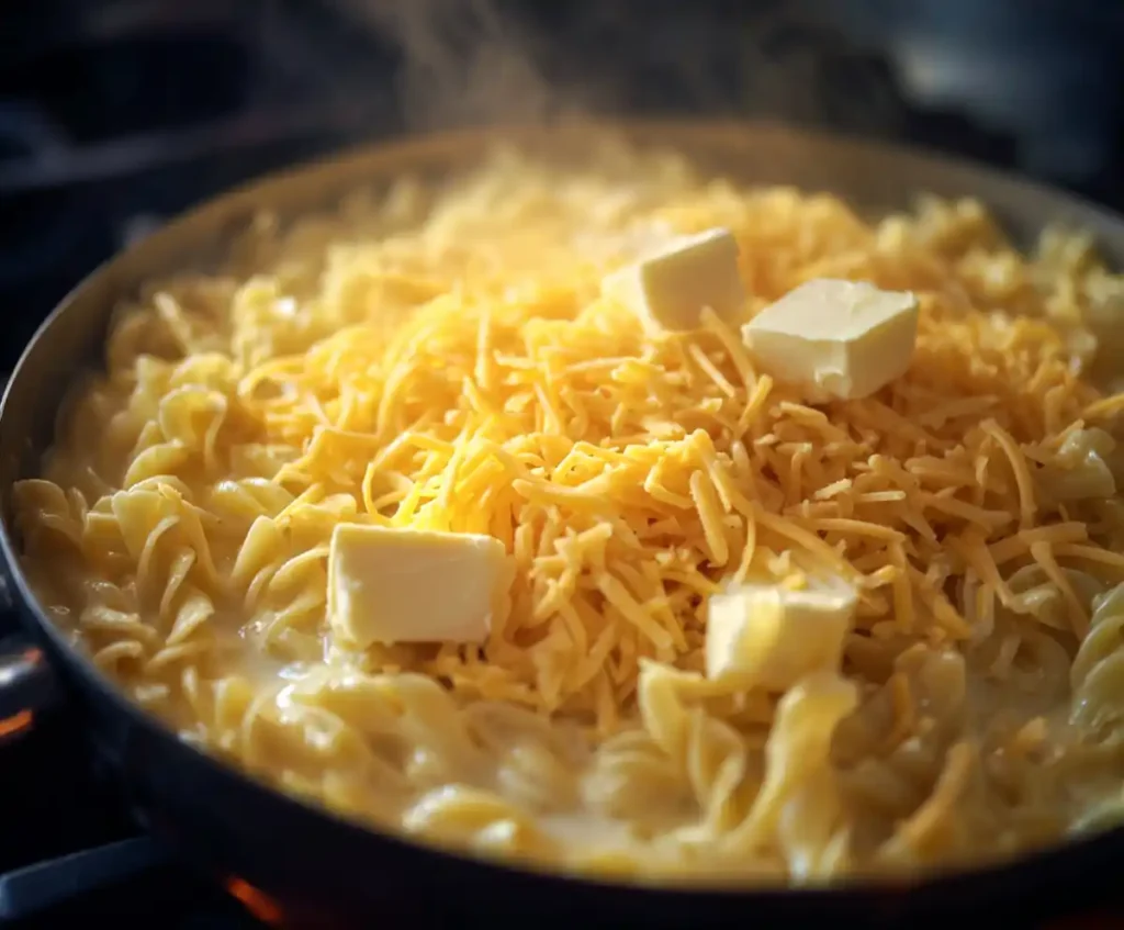 Butter and cheddar cheese melting into macaroni for one-pot mac and cheese