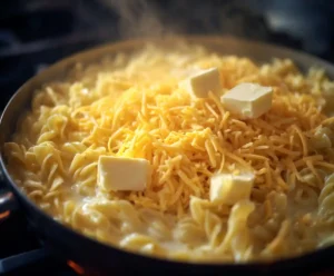 Butter and cheddar cheese melting into macaroni for one-pot mac and cheese