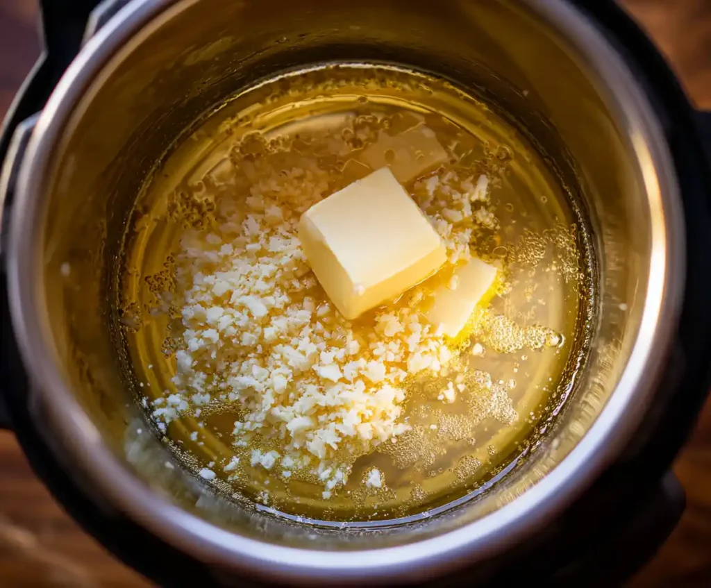 Butter and garlic sautéing in Instant Pot for shrimp Alfredo