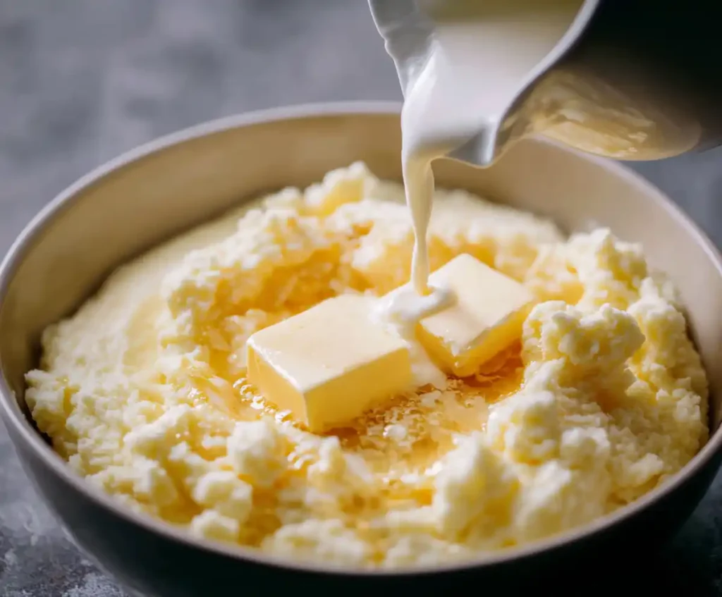 Butter and warm milk added to mashed potatoes in mixing bowl