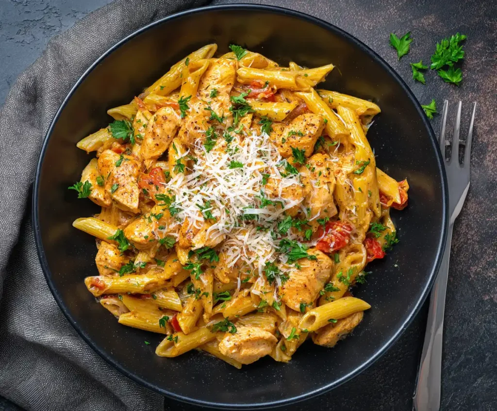 Cajun Chicken Pasta garnished with parsley and cheese in black bowl