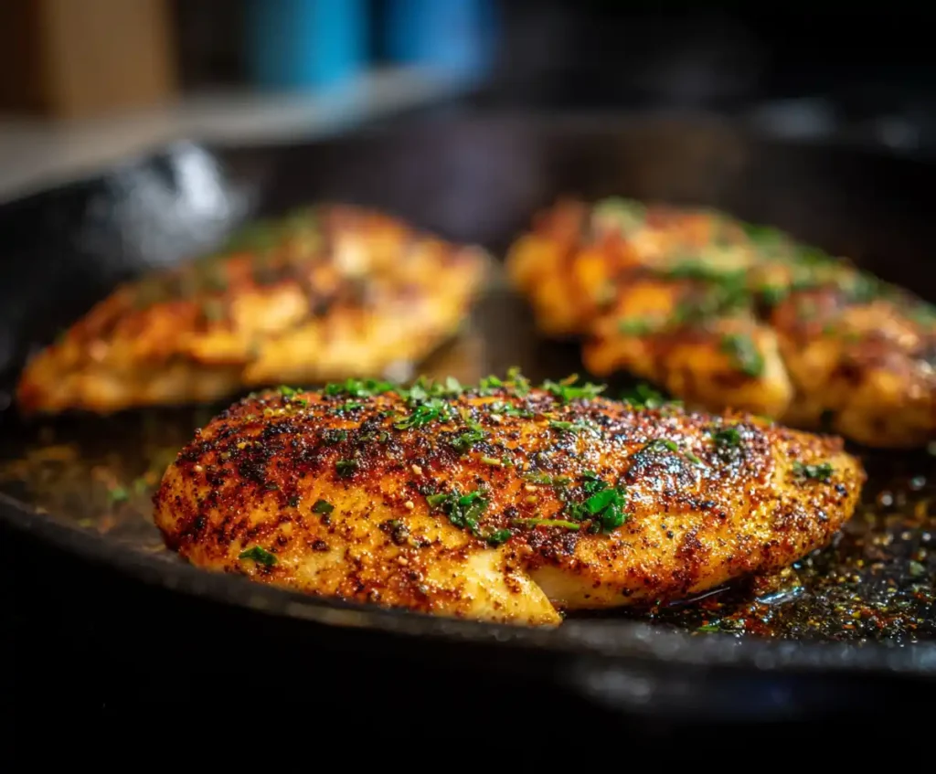 Cajun seasoned chicken breasts searing in cast iron pan