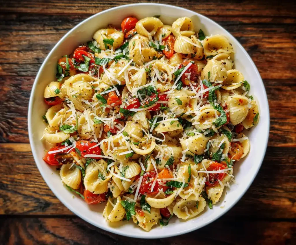 Caprese Pasta Salad with olive oil and Parmesan ready to serve
