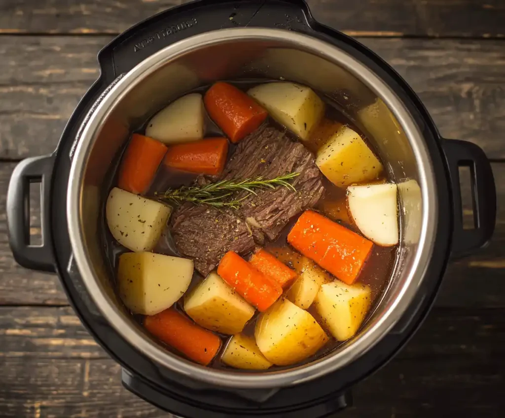 Carrots and potatoes added into pressure cooker for pot roast