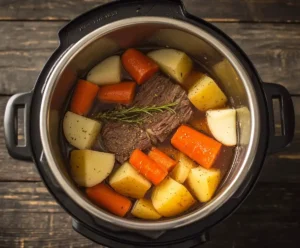 Carrots and potatoes added into pressure cooker for pot roast