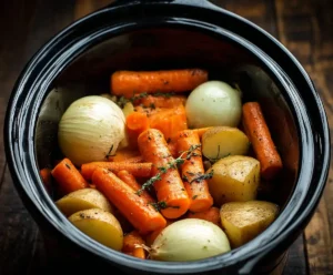 Carrots, potatoes, and onions in slow cooker for pot roast