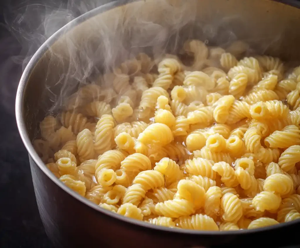 Cavatappi pasta boiling in salted water for Caprese Pasta Salad