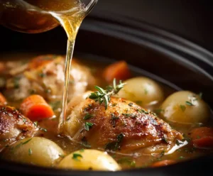 Chicken and broth base in slow cooker for alfredo recipe