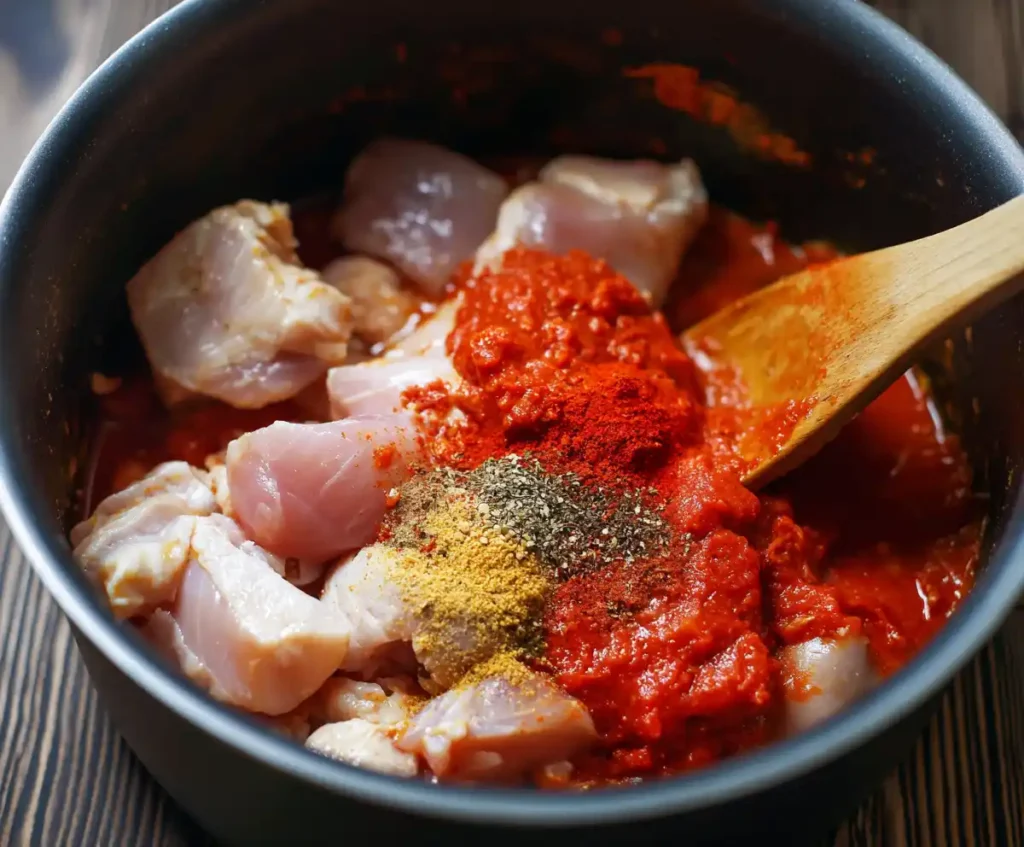 Chicken and tomato base mixed with spices in pressure cooker