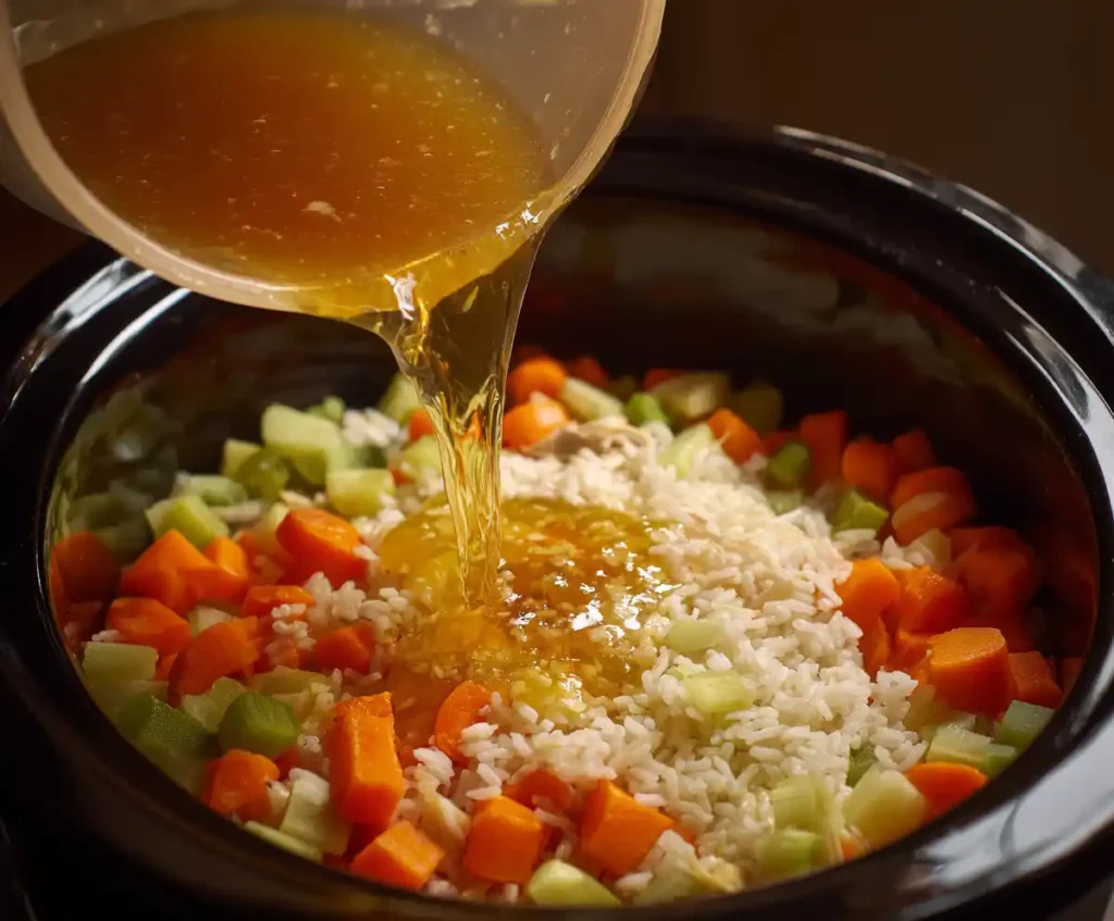 Chicken broth poured over rice, chicken, and vegetables in slow cooker