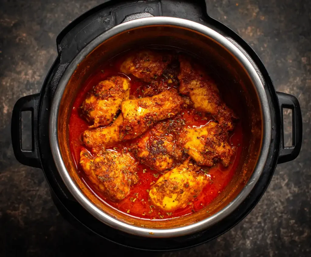 Chicken mixed with spices and tomato puree in Instant Pot
