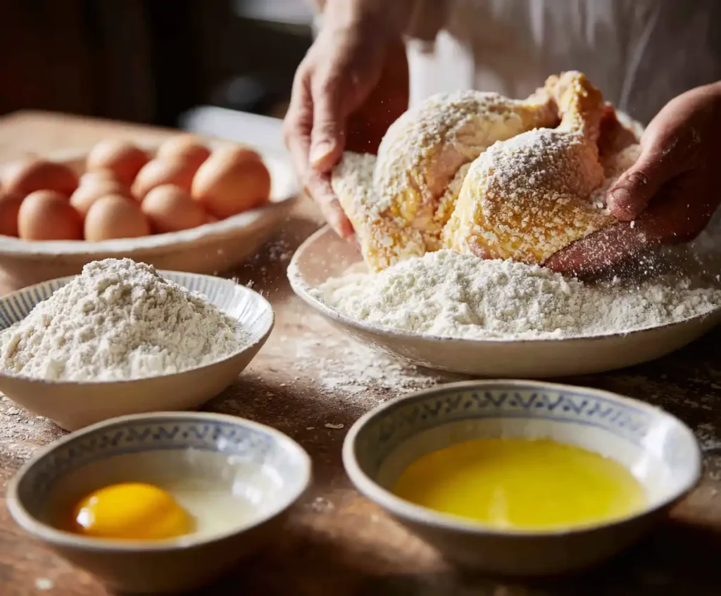 Chicken pieces dipped in flour and egg wash for crispy coating