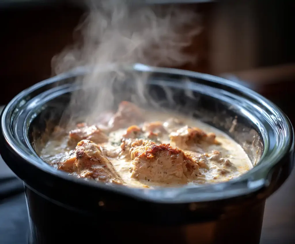 Chicken simmering in slow cooker creamy alfredo sauce
