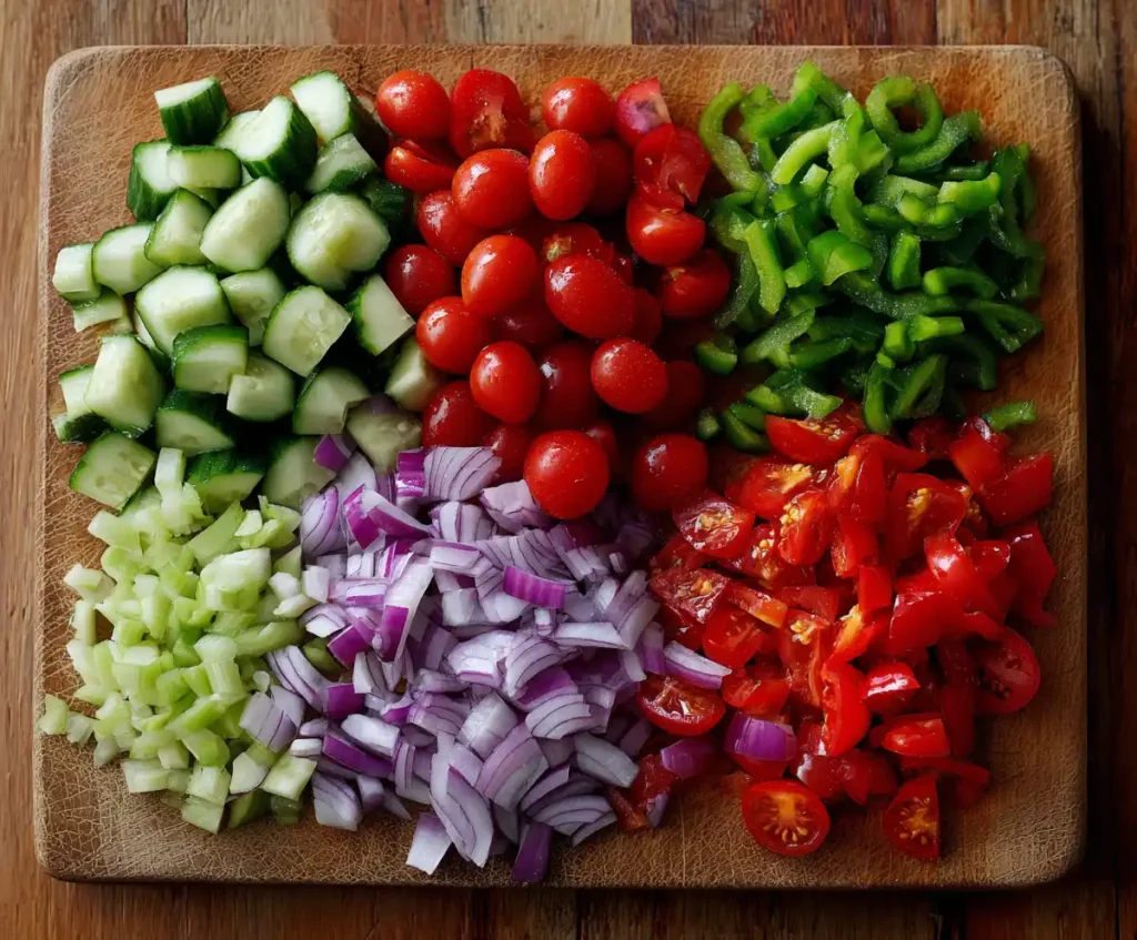 Chopped cucumbers, tomatoes, onion, and bell pepper for pasta salad