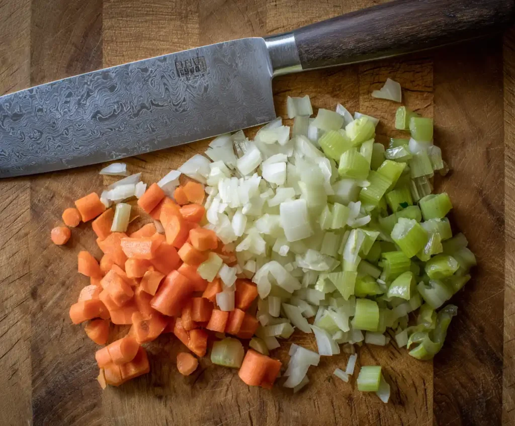 Chopped onion, carrot, and celery for spaghetti Bolognese base