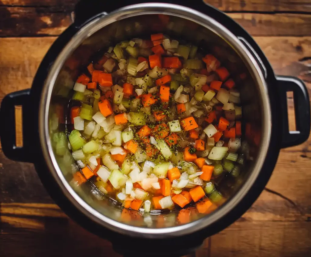 Chopped onions, carrots, and celery sautéing in Instant Pot for lentil soup