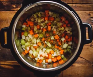 Chopped onions, carrots, and celery sautéing in Instant Pot for lentil soup