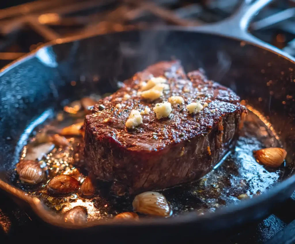 Chuck roast searing in skillet for slow cooker French dip