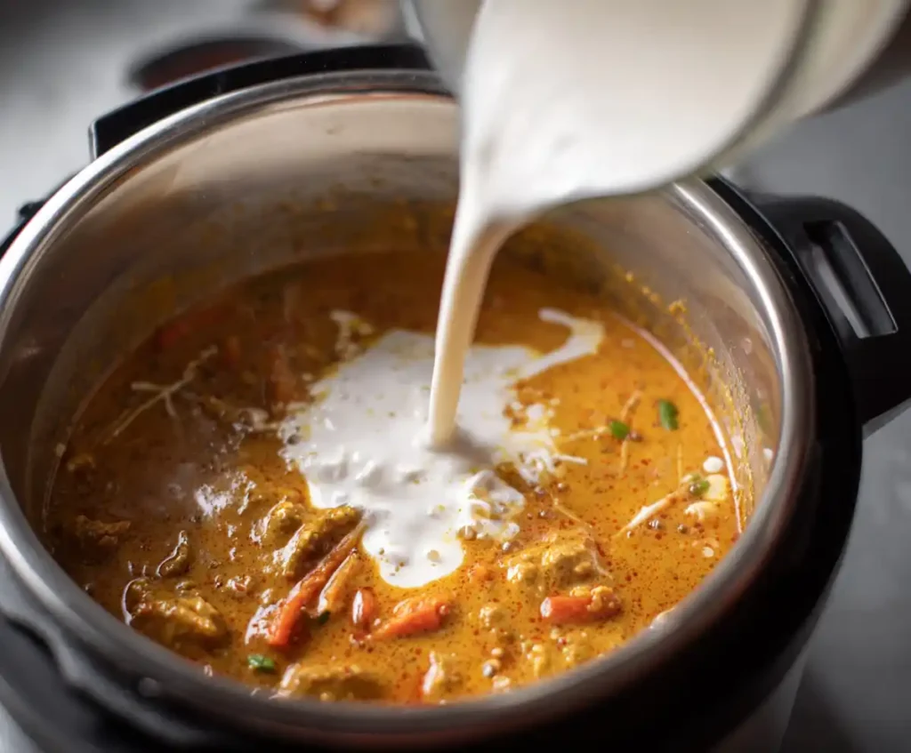 Coconut milk stirred into cooked chicken curry for creamy sauce