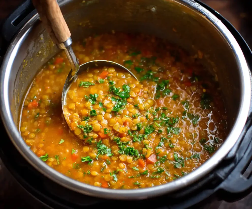 Cooked lentil soup in Instant Pot with parsley garnish