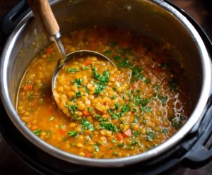 Cooked lentil soup in Instant Pot with parsley garnish