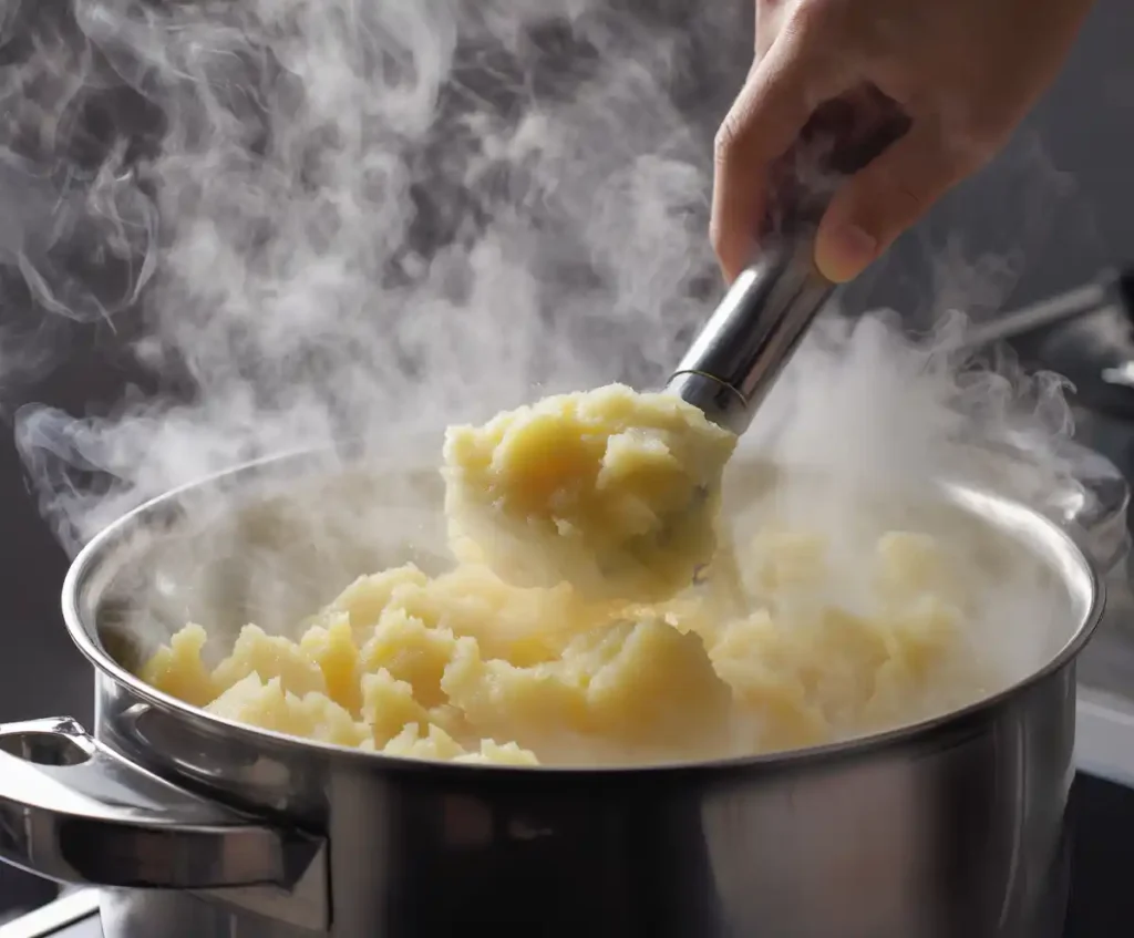 Cooked potatoes being mashed in pot for creamy mashed potatoes