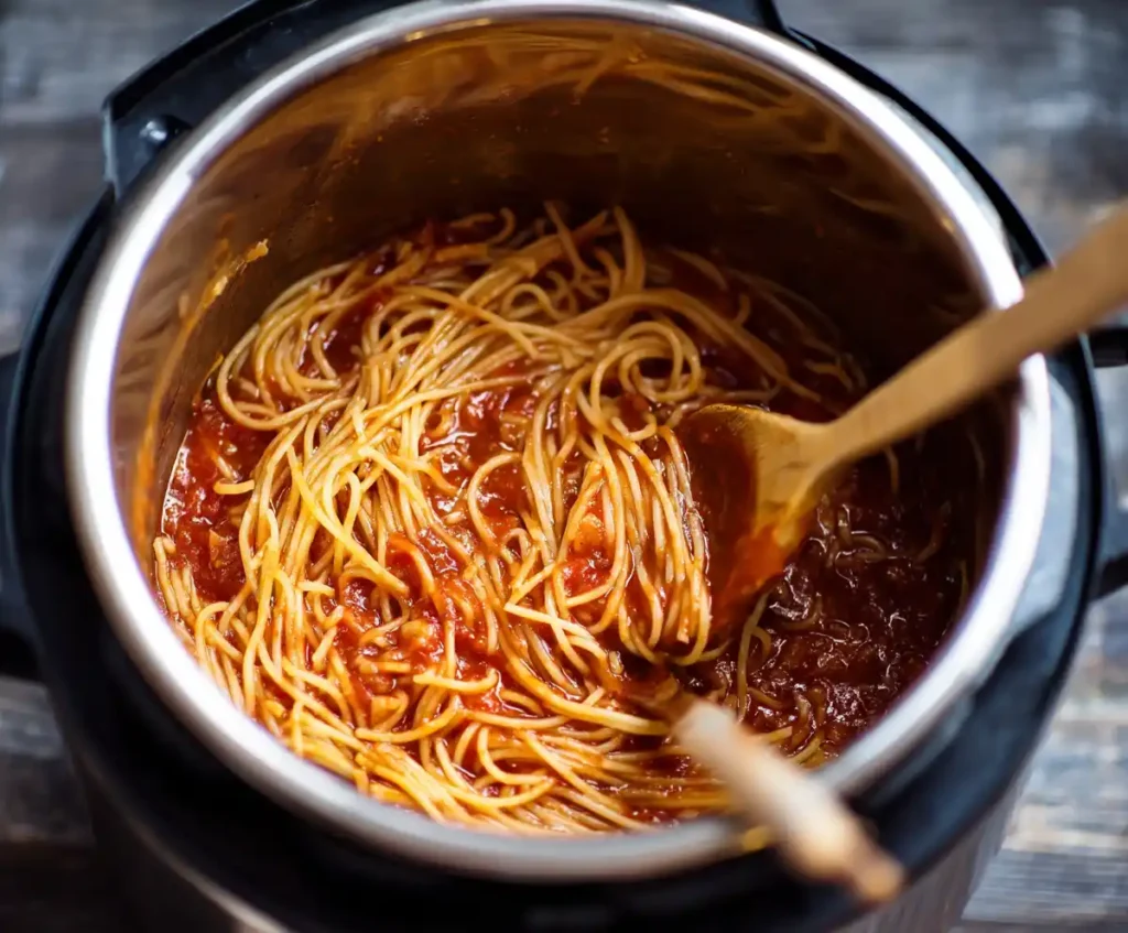 Cooked spaghetti mixed with meat sauce in Instant Pot