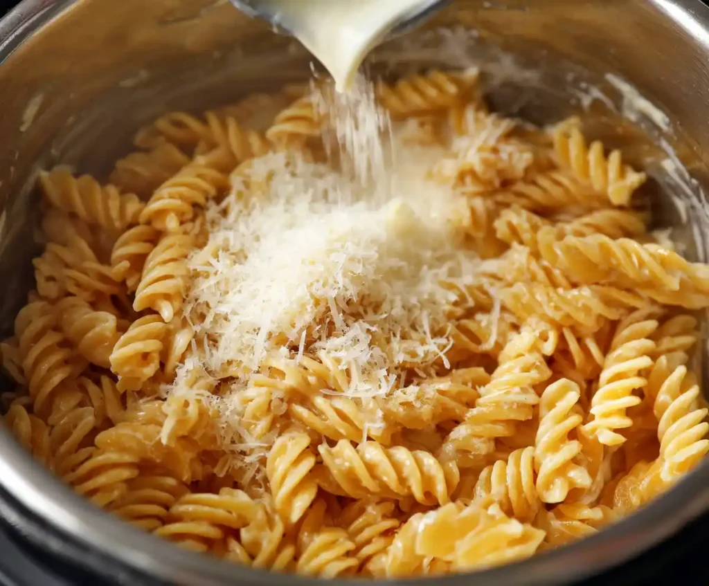 Cream and Parmesan stirred into pasta for Alfredo sauce