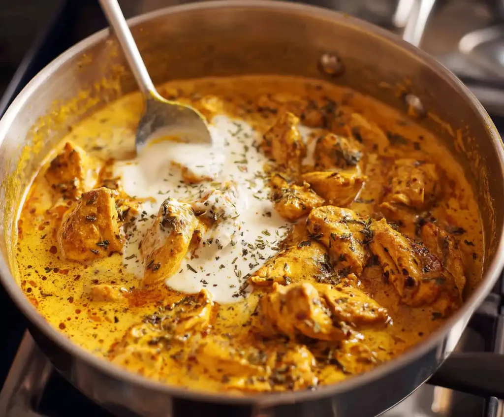 Cream being stirred into Instant Pot chicken curry