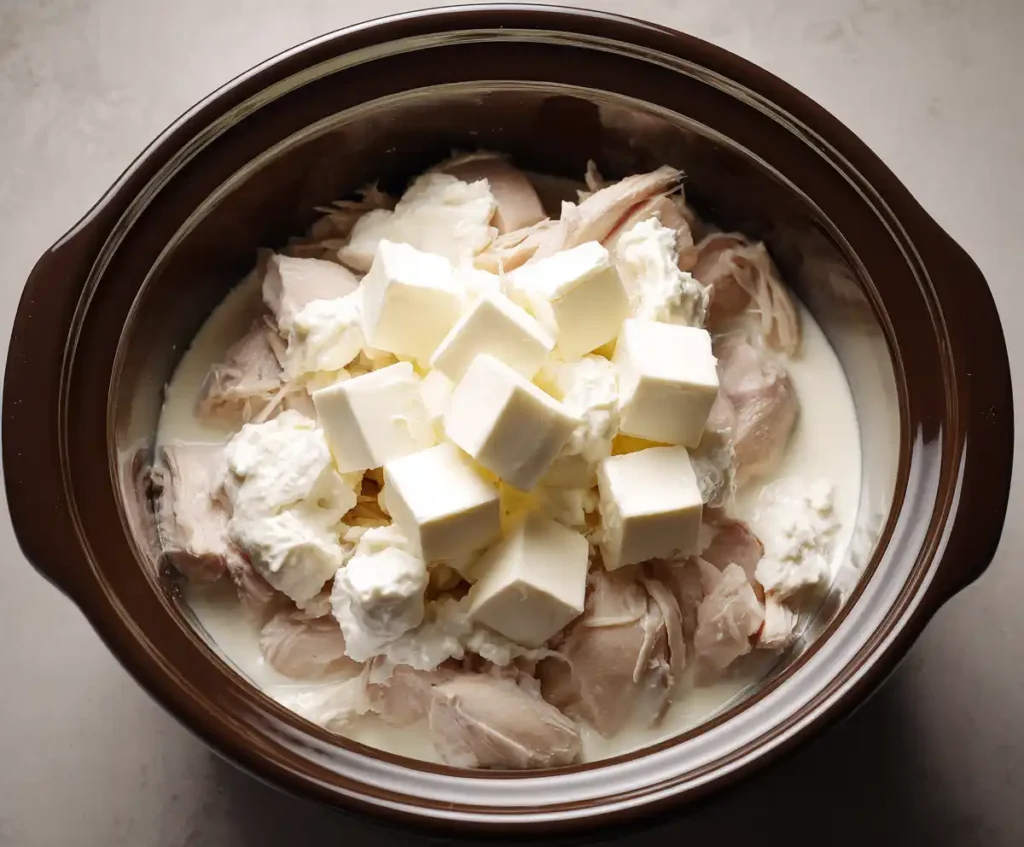 Cream cheese and cream on chicken in slow cooker for alfredo sauce