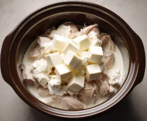 Cream cheese and cream on chicken in slow cooker for alfredo sauce