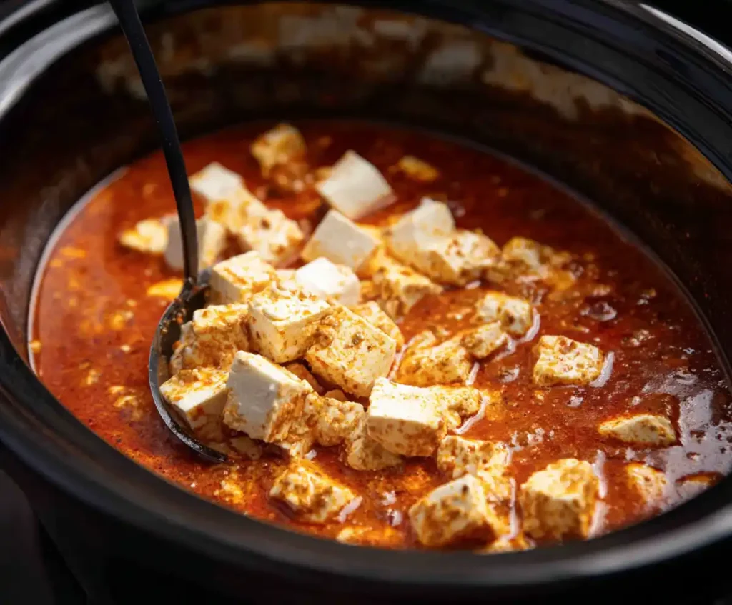 Cream cheese melting into white chicken chili for creamy broth
